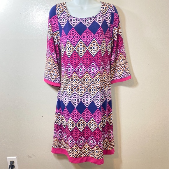 TRIBAL Pink & Blue design Midi Size Medium Back Zipper Dress #1189 - Picture 1 of 6
